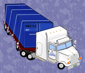 Here is an illustration of a flatbed truck with a shipping container secured to the trailer.